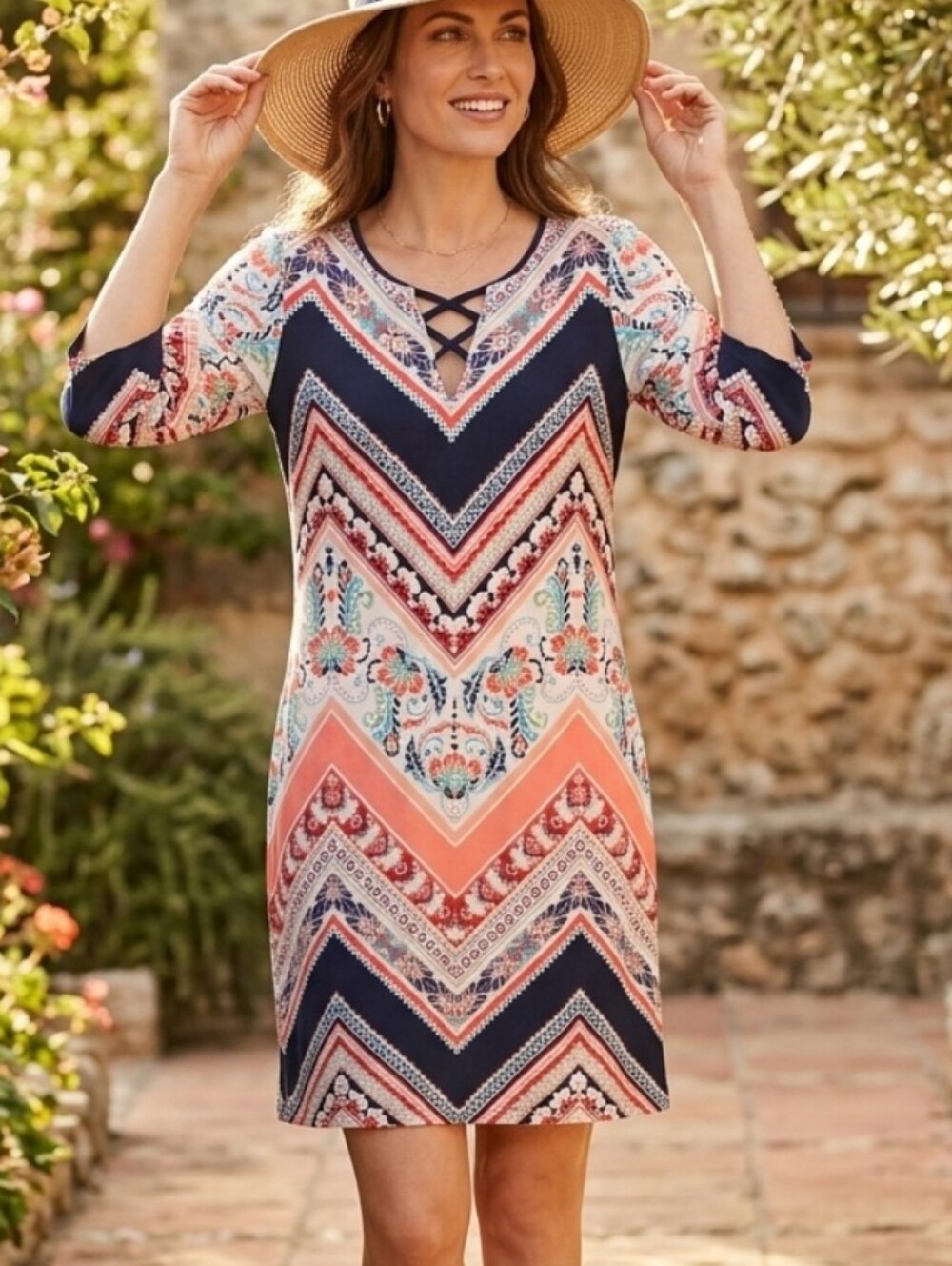 ❤️Studio One Navy and Coral Chevron Midi Dress Pit 23 Length 43" No Pockets